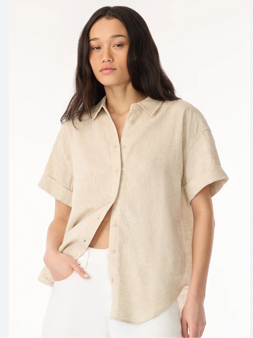 C&C California Women's Short-Sleeve Linen Button-Up in Natural Beige